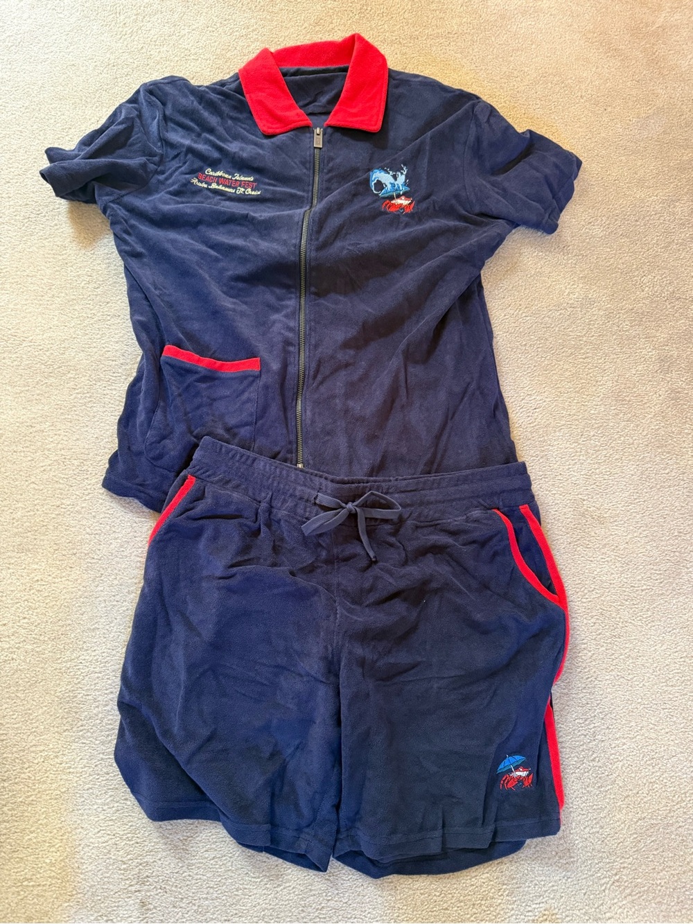 Caribbean Islands Beach Water Fest Embroidered Navy Terry Top And Shorts